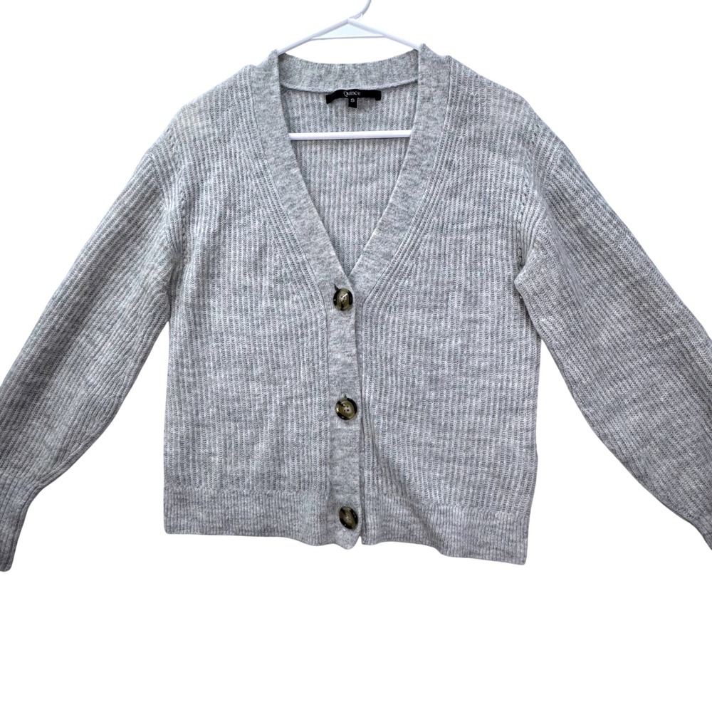 Quince Cardigan Women S Grey Alpaca Wool Blend Ribbed Knit Button V-Neck Classic